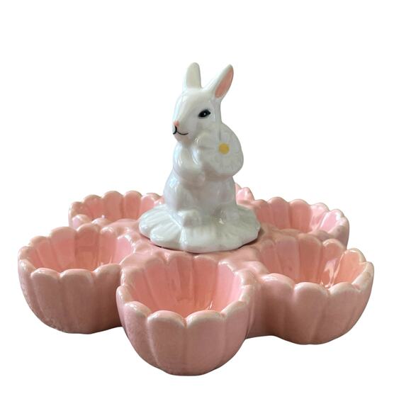 10 STRAWBERRY ST Easter Bunny Ceramic 6 Egg Holder Pink & White Spring NEW - Picture 4 of 10